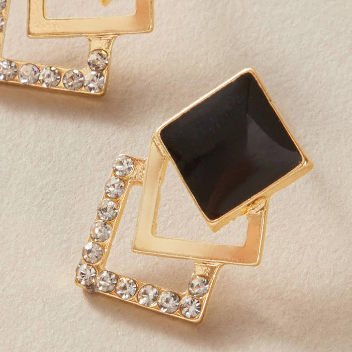 Multi-layered black diamond-shaped squares with diamonds and oil-drop small stud earrings