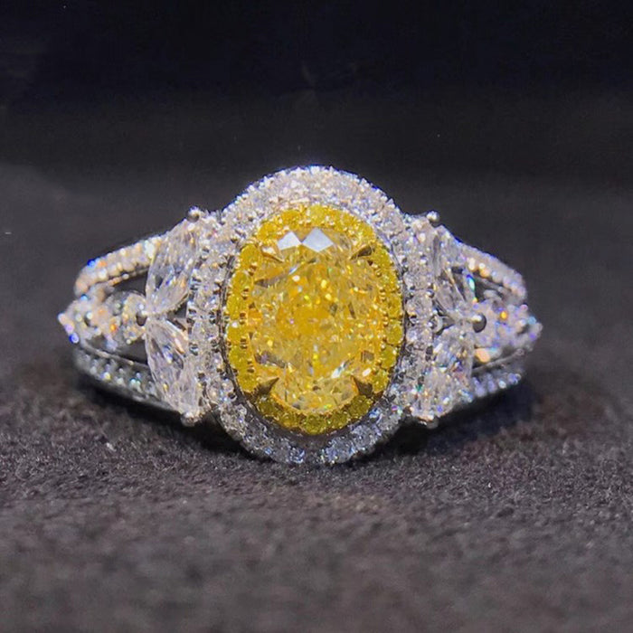 Hollow yellow diamond zircon ring bride wedding jewelry