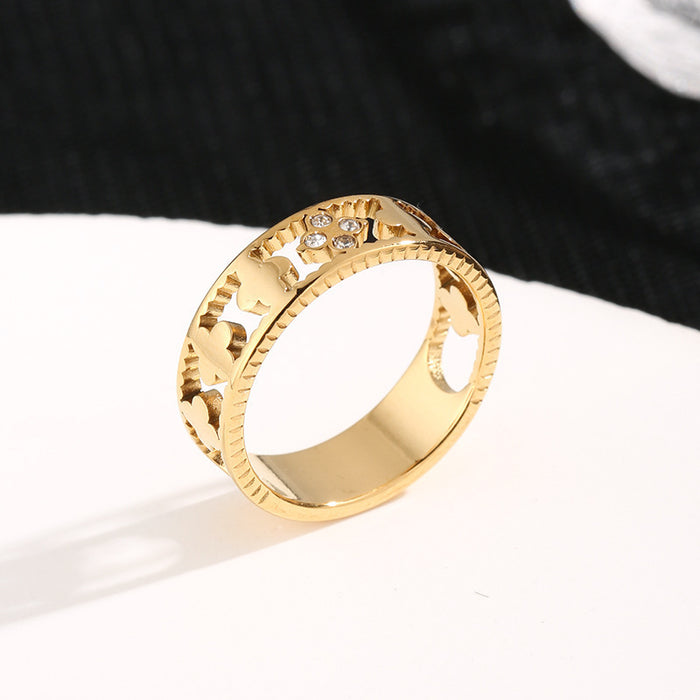 Wholesale stainless steel and titanium steel diamond-encrusted openwork four-leaf clover rings