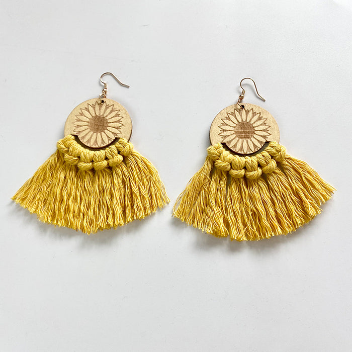 Wooden Sunflower Tassel Earrings with Ethnic Style