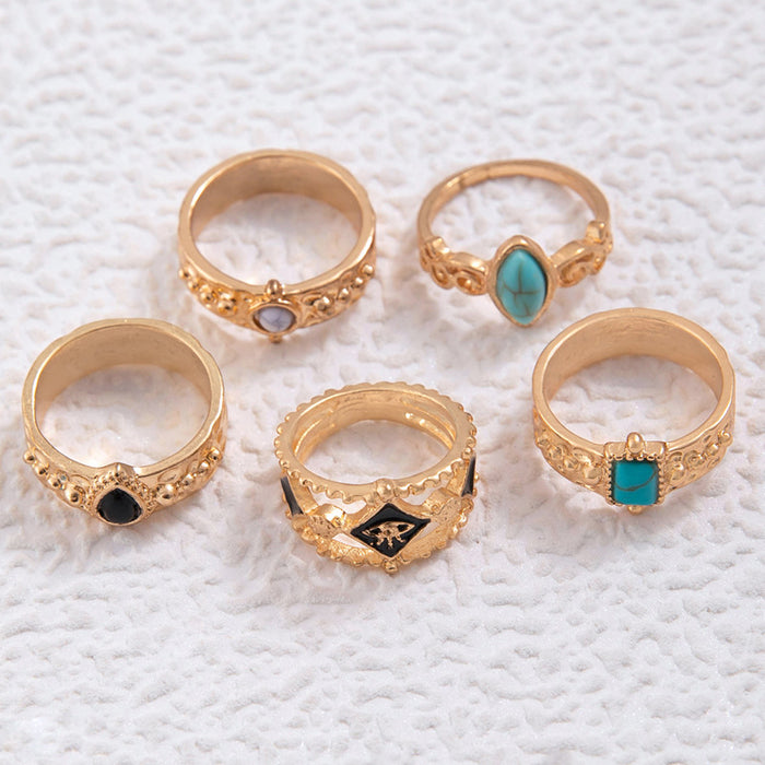 Bohemian Turquoise Gemstone Ring Set - 5pcs Geometric Versatile Rings