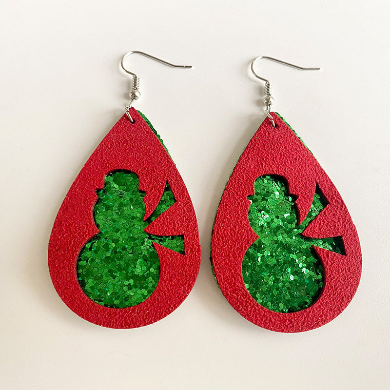 Christmas Teardrop Double-Layer Glitter Leather Earrings with Snowman and Reindeer