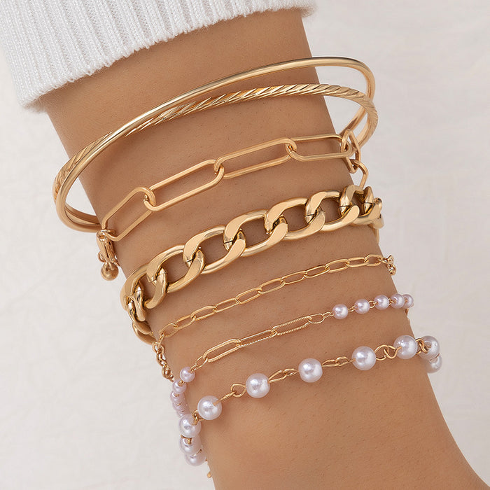 Conjunto de seis pulseras de cadena de perlas: conjunto de joyas con puños huecos de aleación con cruz