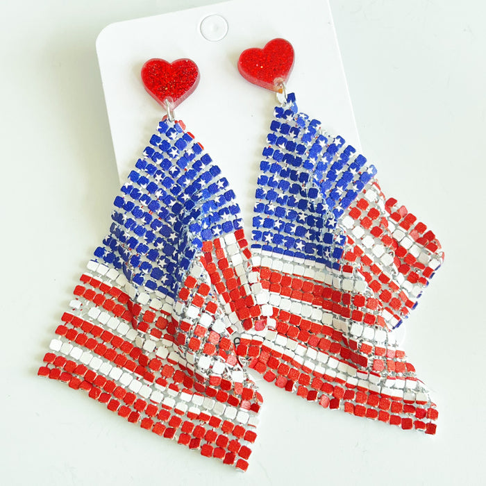 Independence Day Feather Leather Earrings with American Flag and Metal Mesh Design