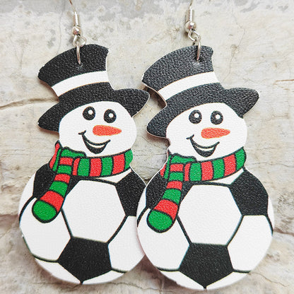 Christmas Snowman Leather Earrings with Sports Ball Design