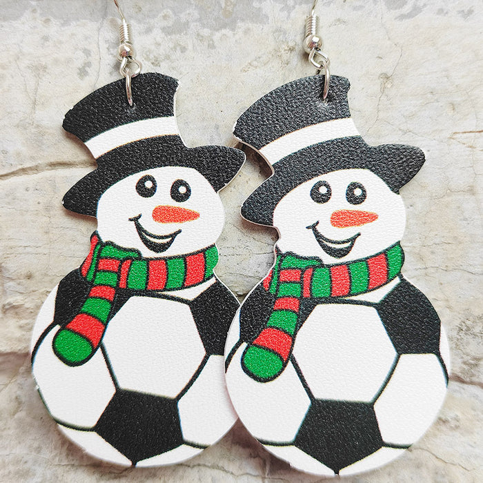 Christmas Snowman Leather Earrings with Sports Ball Design