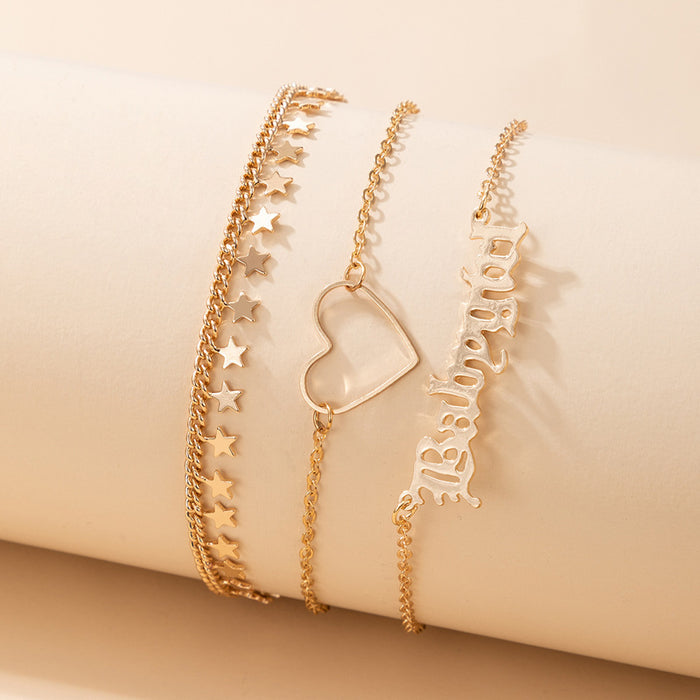 Letter Hollow Heart Triple-Layer Anklet with Star Disc Design