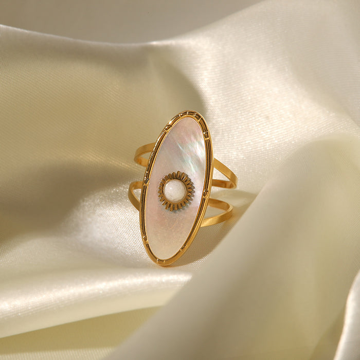 18K Gold Stainless Steel Pearl Ring with Natural Stone Inlay