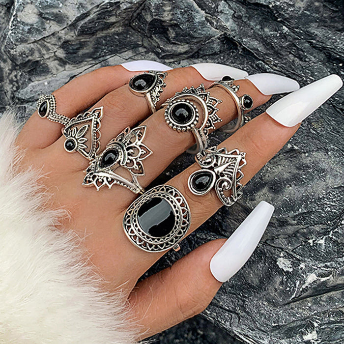 Bohemian Flower Ring Set - 11-Piece Vintage Black Gemstone Rings