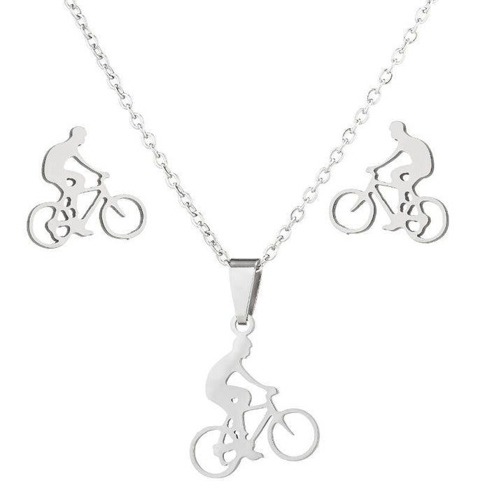 Bicycle series pendant necklace earrings set, ins European and American stainless steel women's sports jewelry