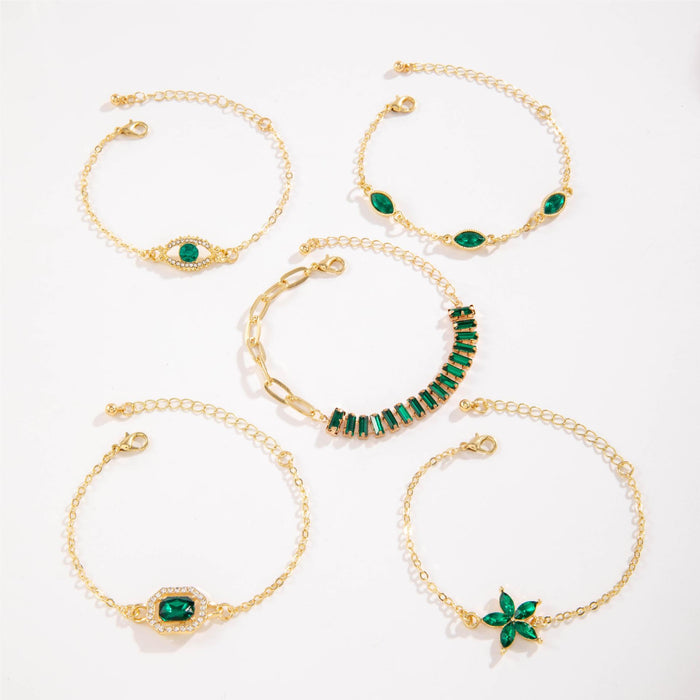 Luxe Emerald Rhinestone Flower Bracelet Set with Eye Design - Five Pieces