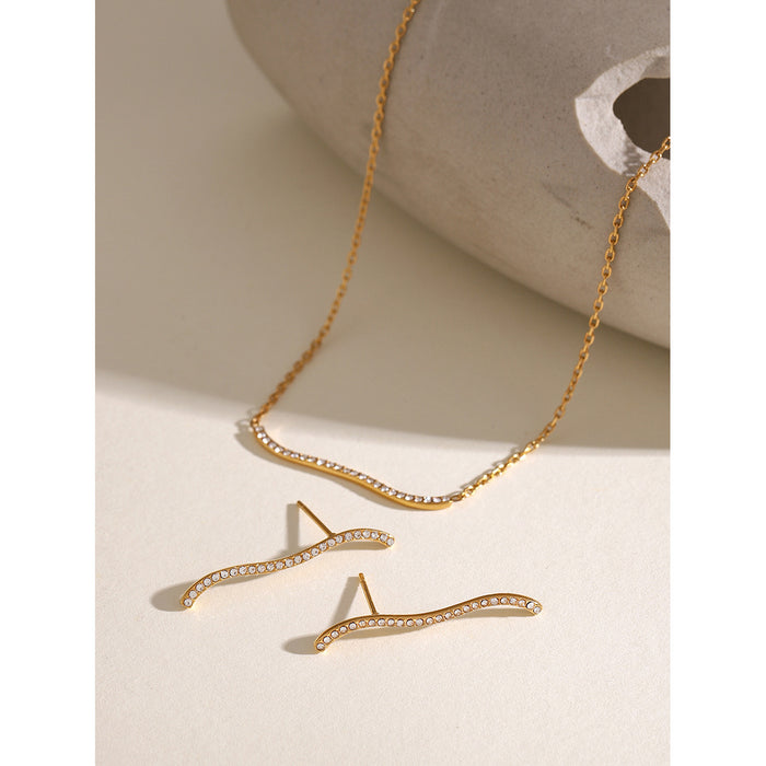 18K Gold-Plated Stainless Steel Necklace with Zircon Wave Inlays - Simple and Elegant Design with Matching Earrings