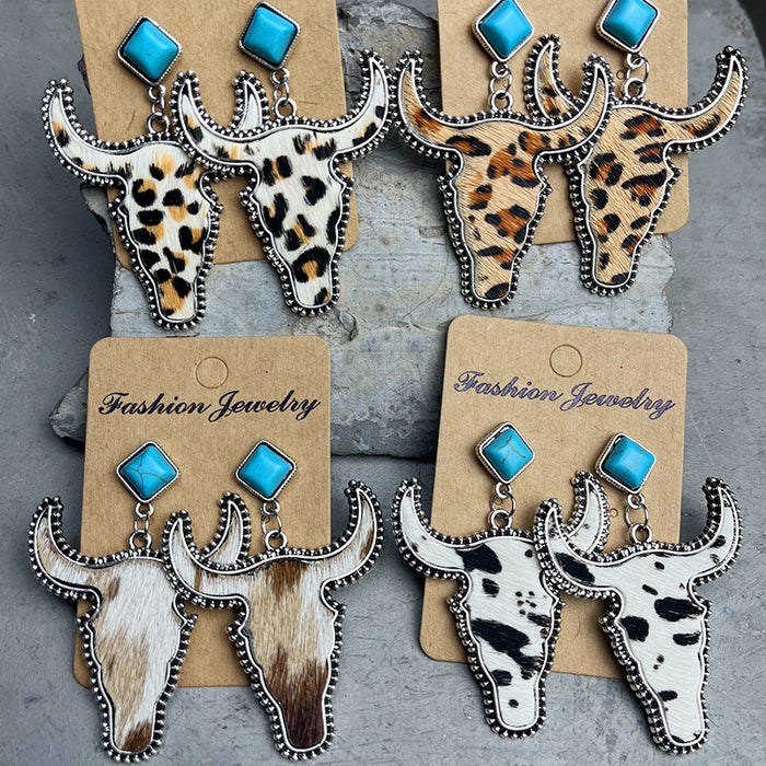 Pendientes de piel de vaca auténtica de estilo bohemio con cabeza de toro y turquesa estilo occidental