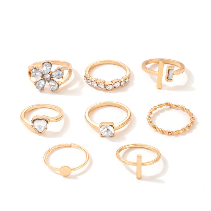 Geometric Heart and Flower Ring Set - 8-Piece Alloy Twisted Rings for Women