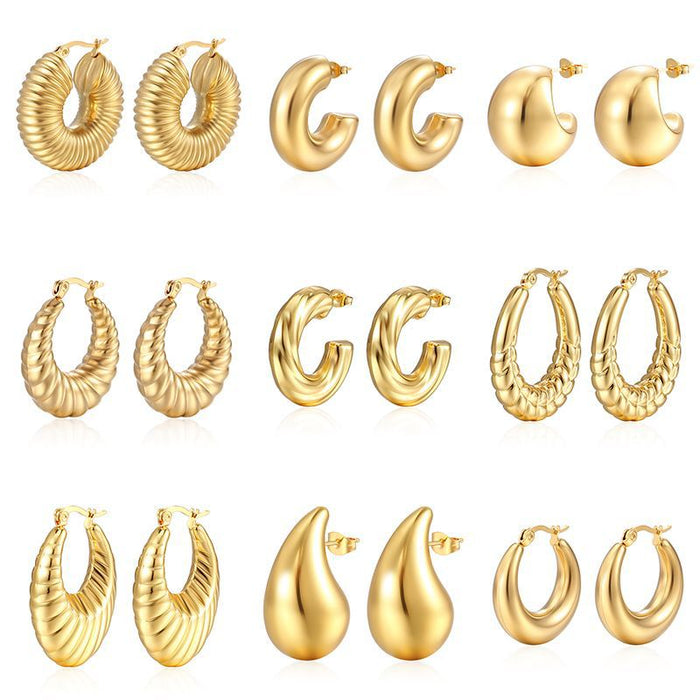 Pendientes redondos huecos de acero inoxidable chapados en oro de 18 quilates, pendientes sencillos para mujer