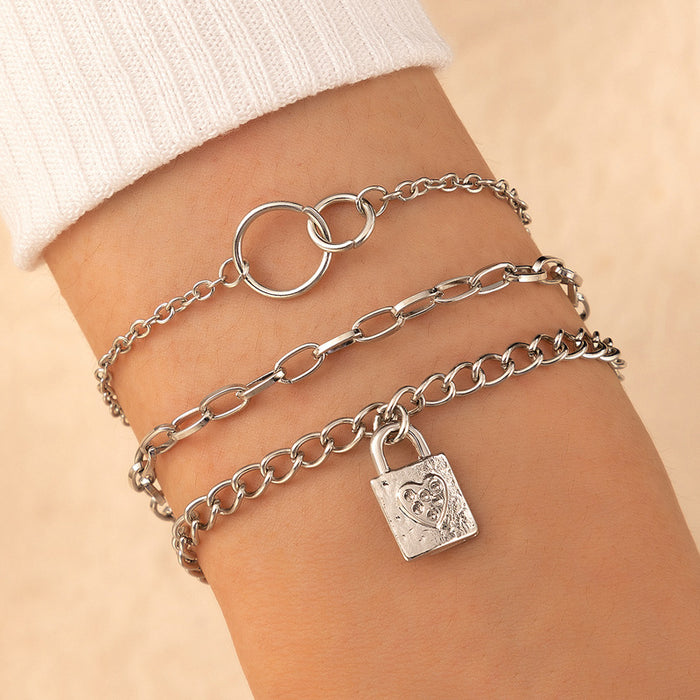 Heart Lock Three-Layer Bracelet Set with Geometric Ring Design