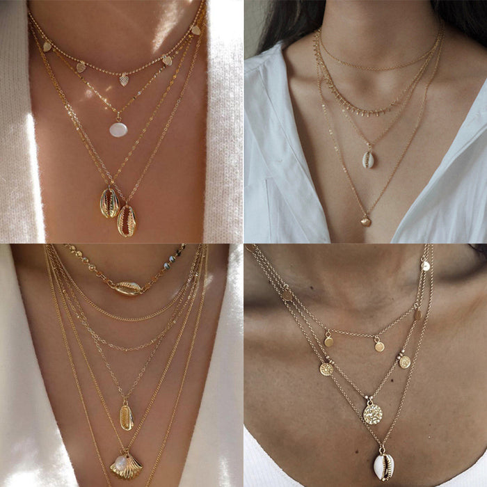 Alloy Shell Multi-Layer Necklace with Geometric Round Disc Design