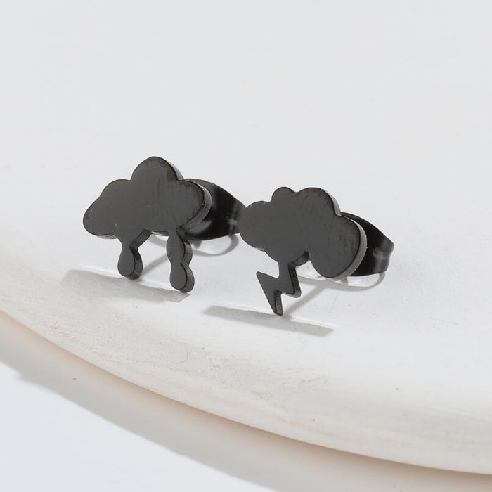 Cloud and Lightning Stainless Steel Stud Earrings - Asymmetric Weather-Themed Jewelry