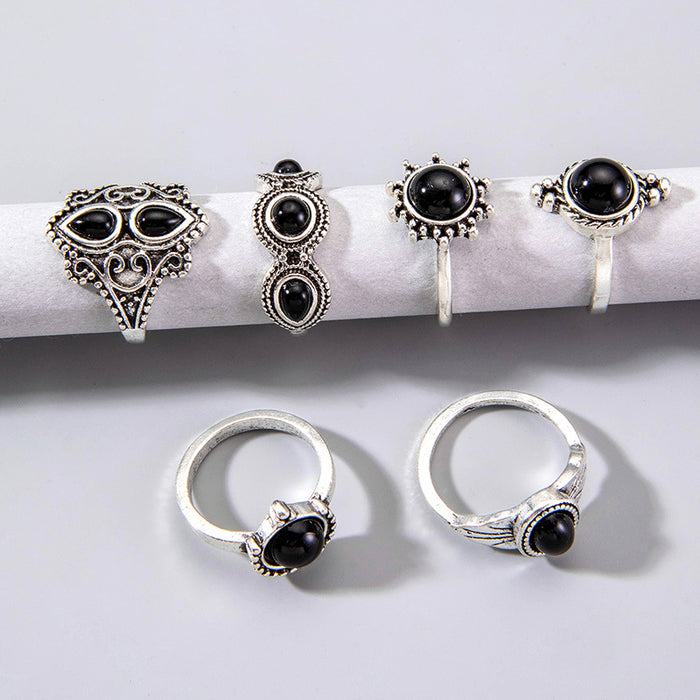 Retro Black Gemstone Eye Ring Set - Geometric Six-Piece Set