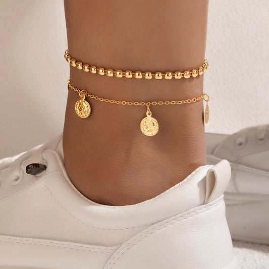 Portrait Disc Double-Layer Anklet with Alloy Bead Chain Design