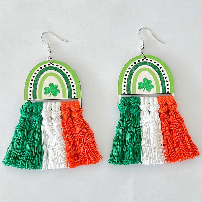 St. Patrick's Day Tassel Earrings with Rainbow and Clover Design