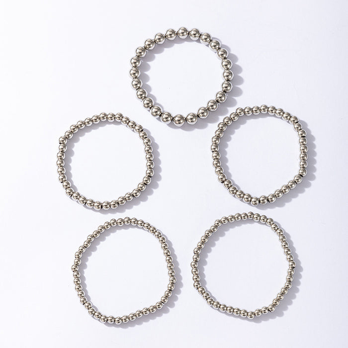 Bohemian Style Silver Bead Bracelet Set - Five-Piece Collection