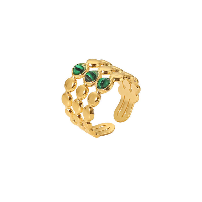 Anillo abierto de malaquita de acero inoxidable bañado en oro de 18 quilates: joyería de moda para mujer