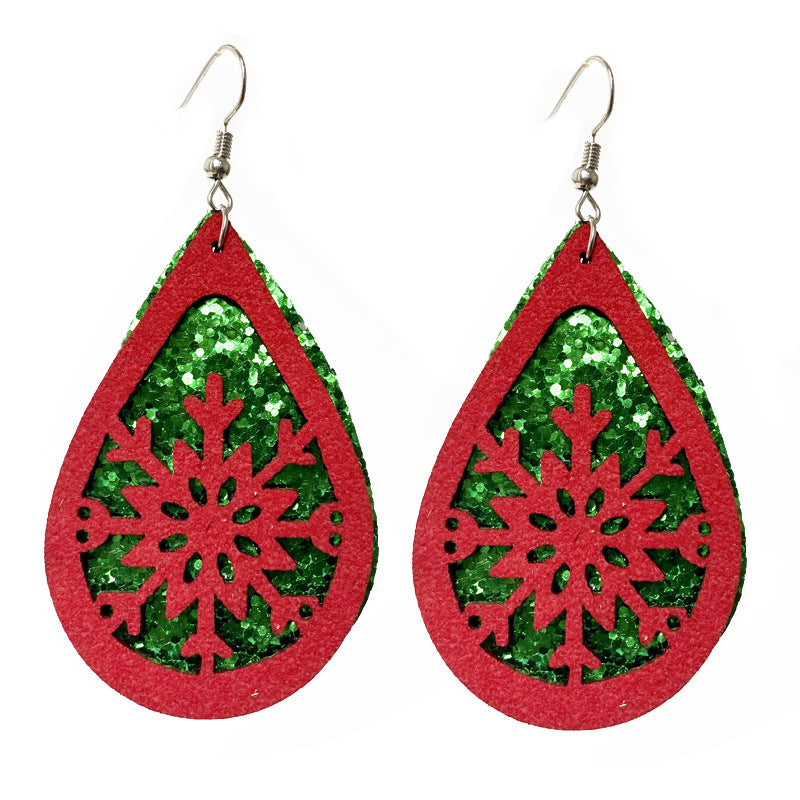 Christmas Teardrop Double-Layer Glitter Leather Earrings with Snowman and Reindeer