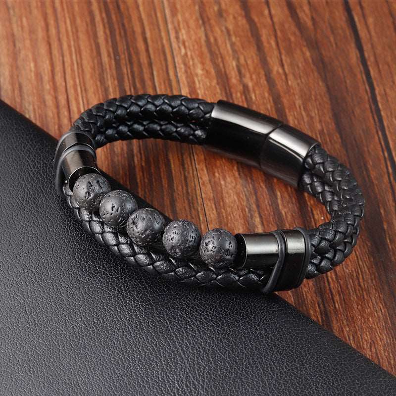 Bracelet Stainless Steel Leather Woven Natural Stone