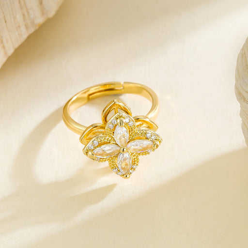 Wholesale micro-pave zircon and diamond-encrusted four-leaf clover flower rotating ring - wallojewerly 