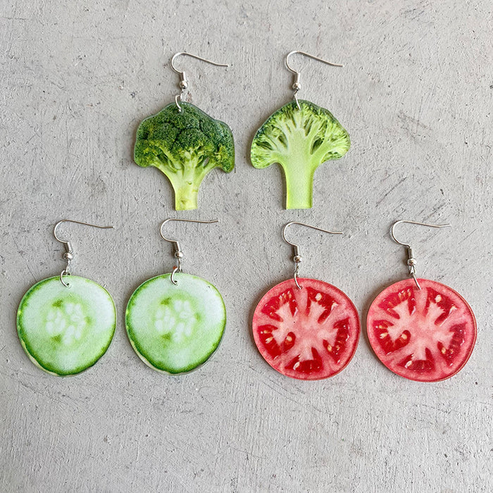 Trendy Vegetable Earrings with Broccoli, Cucumber, and Tomato Designs