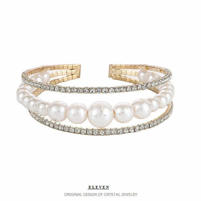 Korean Fashion Crystal Bracelet - Versatile Open Cuff with Faux Pearls, Stylish and Elegant