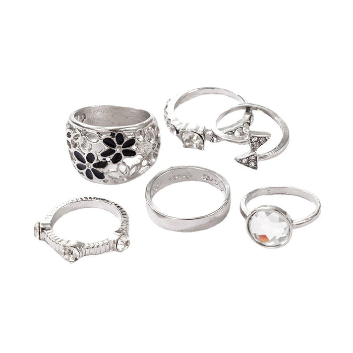 Retro ethnic style black oil drop flower diamond ring 6-piece set