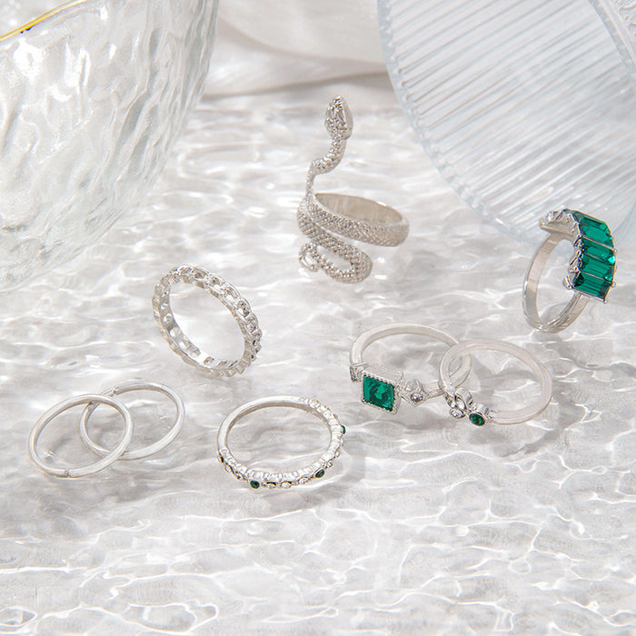 Green Diamond Gemstone Animal Snake Eight-Piece Ring Set