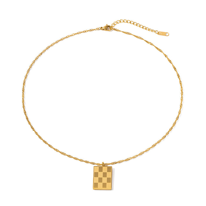 Vintage Checkered Square Pendant Necklace with Gold-Plated Stainless Steel Chain - Women's Fashion Jewelry