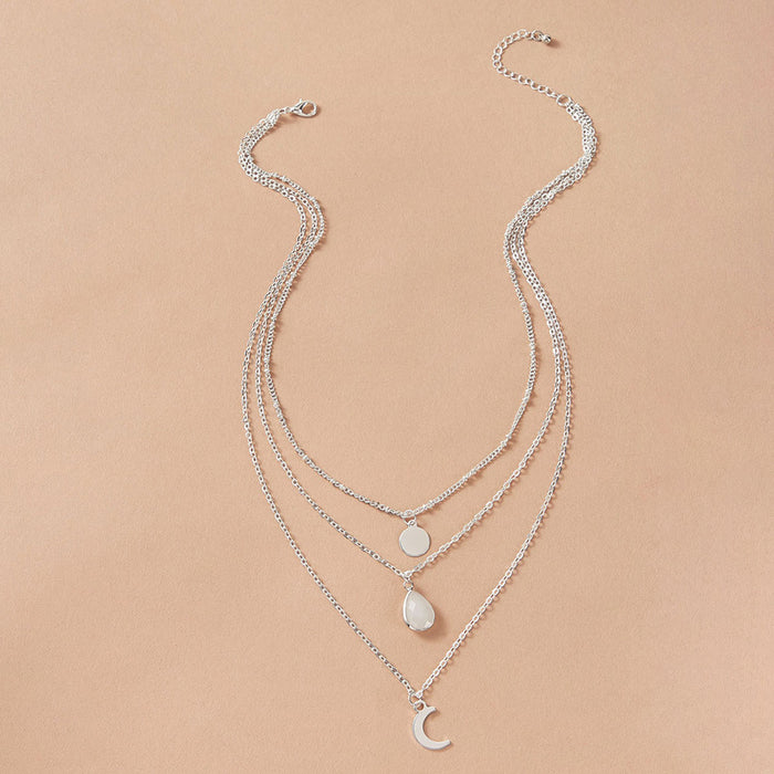 Imitation Jade Inlaid Three-Layer Necklace with Crescent Moon and Disc Design