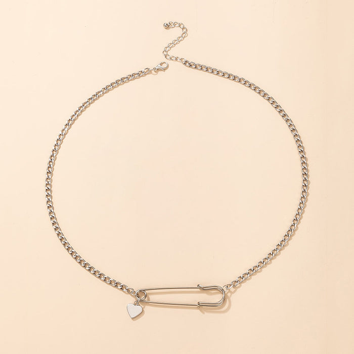 Simple Hip-Hop Clavicle Chain with Safety Pin Pendant and Heart Charm