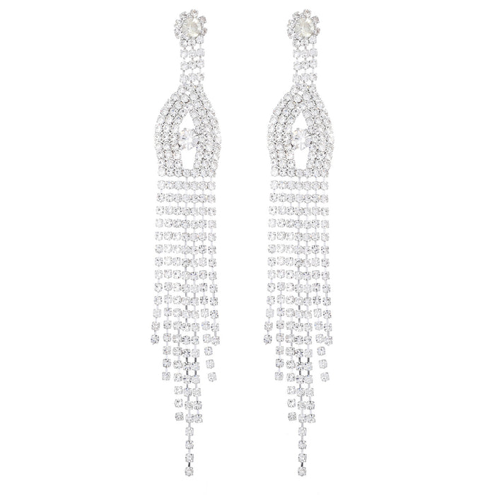 Long Tassel Rhinestone Earrings - Cold-Tone Exaggerated Dangles for a Bold Look