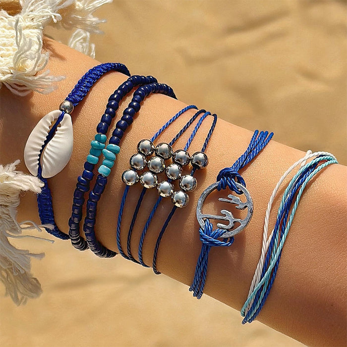 Bohemian Shell and Blue Bead Bracelet Set with Starfish Charm - Four Pieces