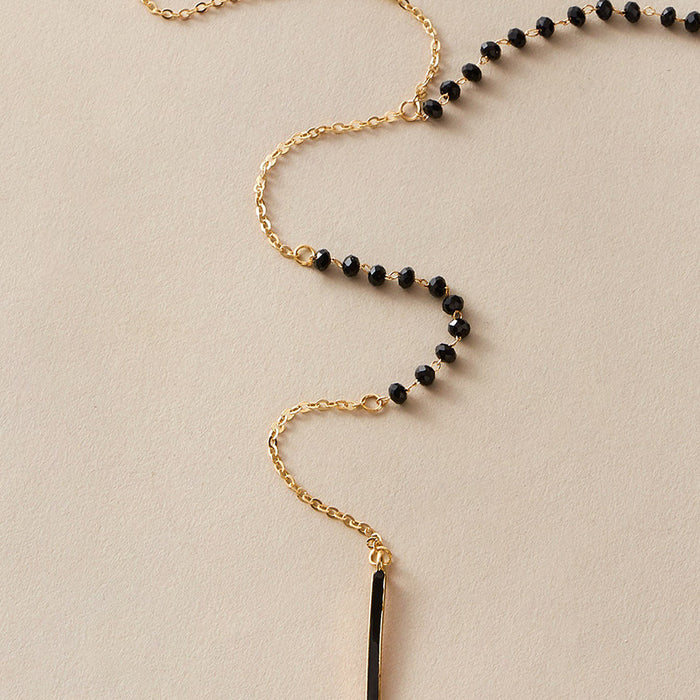 Black Beaded Chain Necklace with Geometric Oil Drop Pendant Design