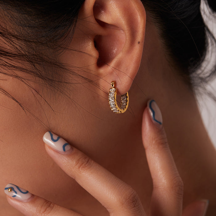 Unique Style Titanium Steel Earrings - 18K Gold Plated Stainless Steel Zircon Inlaid Hoop Earrings