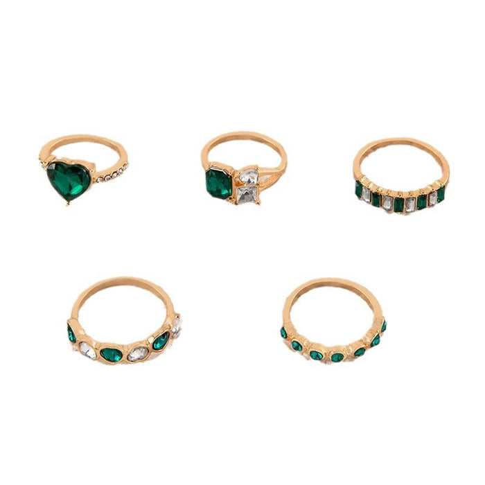 Vintage Emerald Crystal Gemstone Ring Set - 5pcs Geometric Versatile Rings