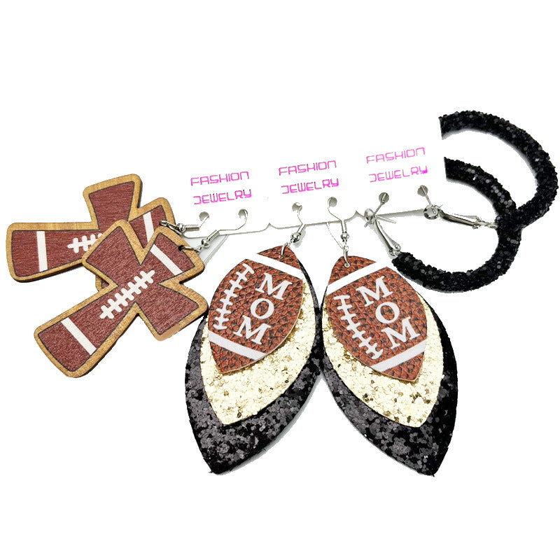 Football Mom Leather Earring Set with Cross and Glitter Hoop Design