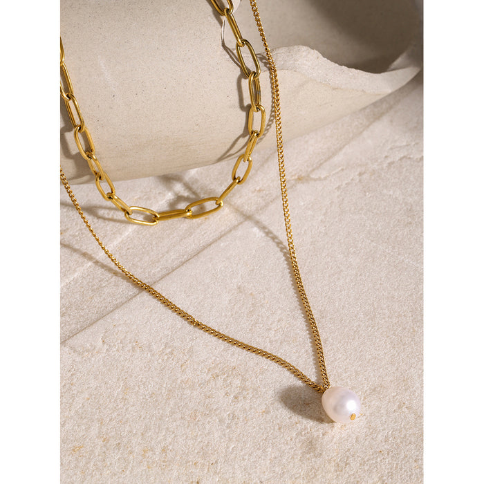 Style 18K Gold-Plated Stainless Steel Pearl Necklace - Double Layer Chain with Return Link Design