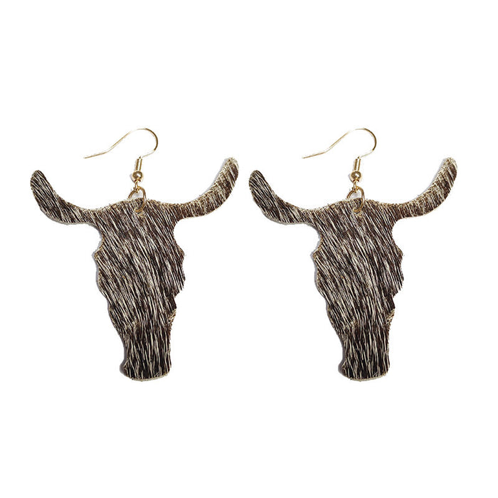 Lightweight Western Cowboy Earrings with Long Hair Leather and Bullhead Design