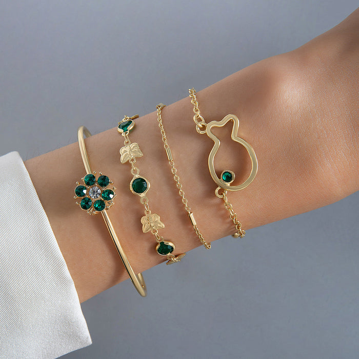 Emerald Petal Gemstone Bracelet Set - Hollow Fish Charm Women’s Jewelry