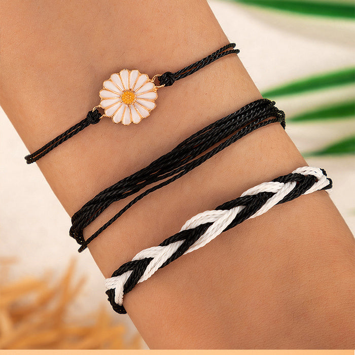 Ethnic Style Braided Daisy Bracelet Set with Geometric Cord Design