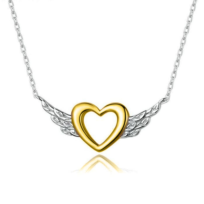 Love Heart Hollow Angel Wings Necklace Two-color Design Pendant