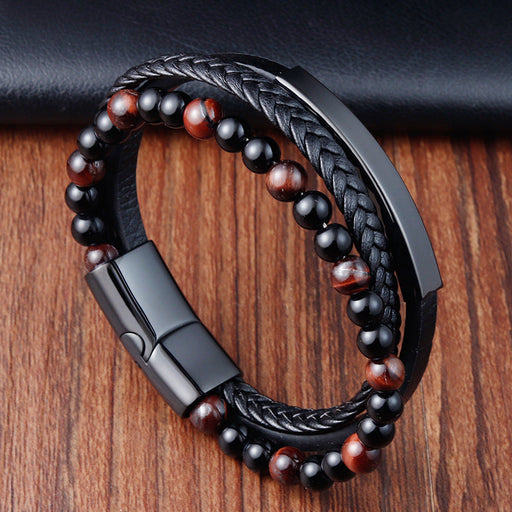 Bracelet Stainless Steel Leather Woven Natural Stone - wallojewerly 