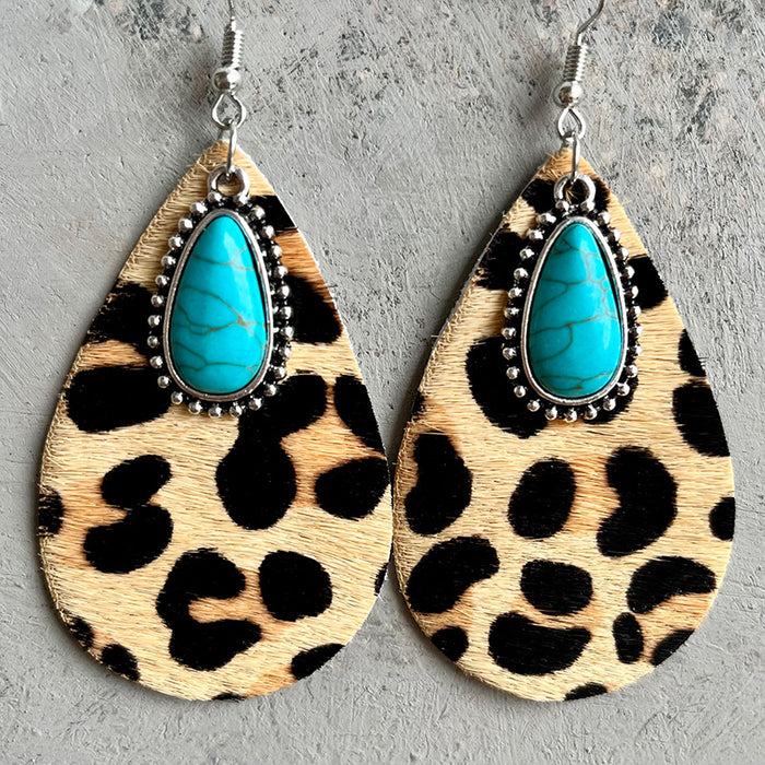 Western Animal Print Cowhide Teardrop Earrings with Turquoise and Metal Accents